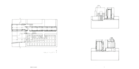 Plans and sections through the gallery and levitating volume.