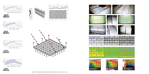 To test these designs, three assemblies were created using a mill to form the brick texture and shape: one with only the plastic bridging, another with the macro form applied, and the last with a micro texture consisting of many tiny pyramid shapes.  The assemblies were aligned in the sun for several hours, then the temperature was measured using a FLIR camera.  As a result, the overall thermal transfer was reduced by 4.1° with the macro-texture, and .7° with the micro-texture. 