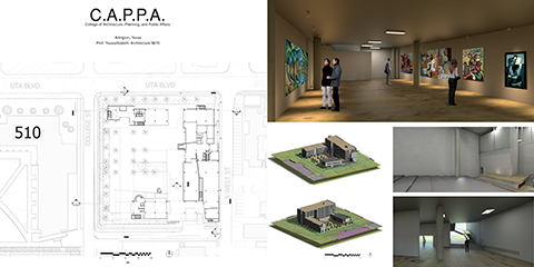 The University of Texas at Arlington combined their Architecture school with the school of Planning and Public Affairs - C.A.P.P.A.  This is a proposal situated adjacent to the recent engineering building that features a courtyard directing flow across the campus.
